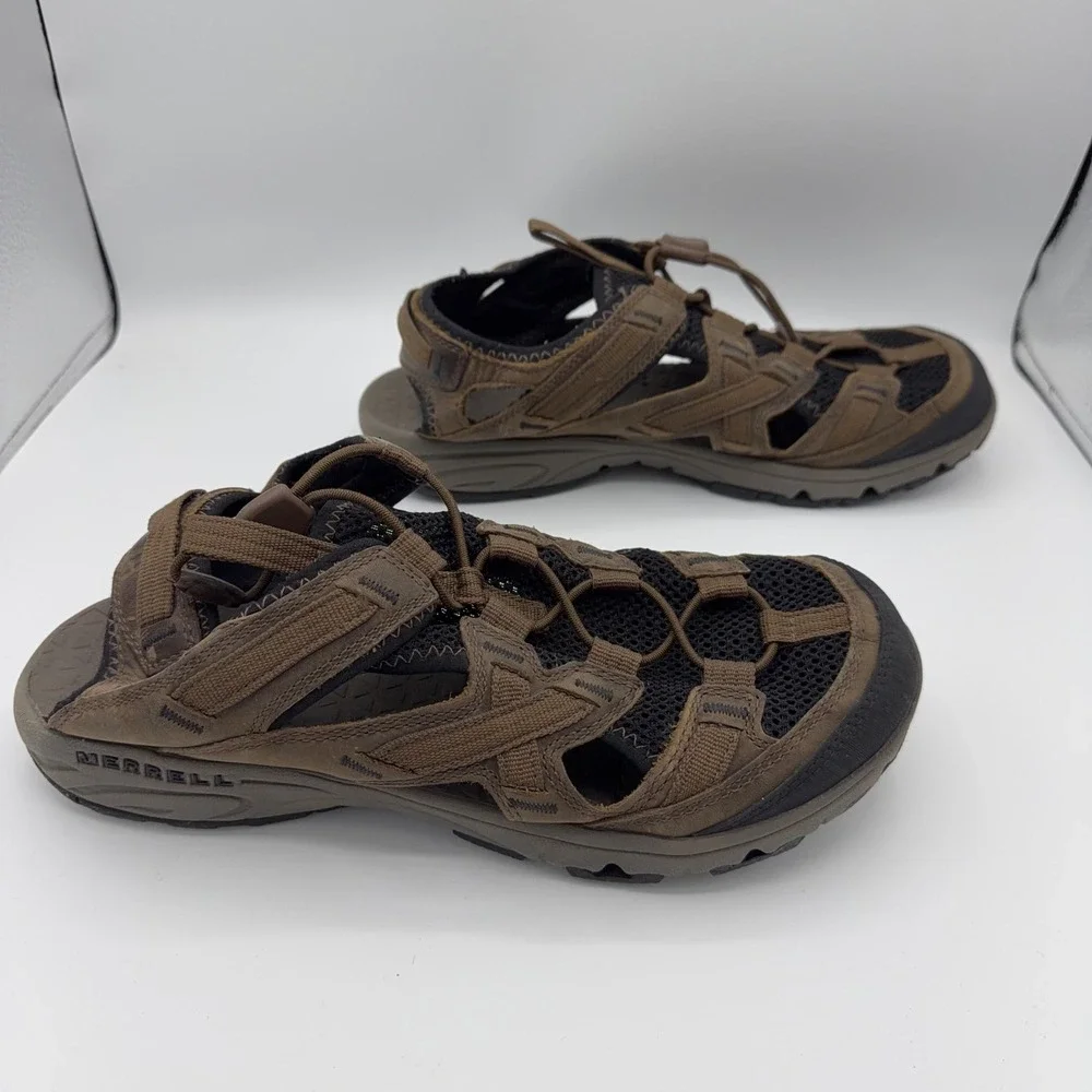 Merrell Hiking Sandals Mens Bungee Lacing Mesh Vibram Trail Shoes Brown Leather